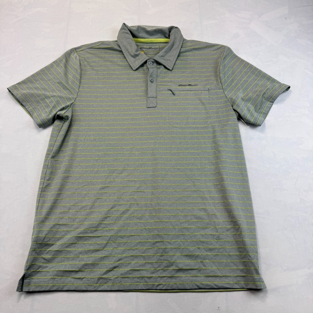 Eddie Bauer Travex Polo Shirt Men Medium Gray Green Striped Short Sleeve Popover